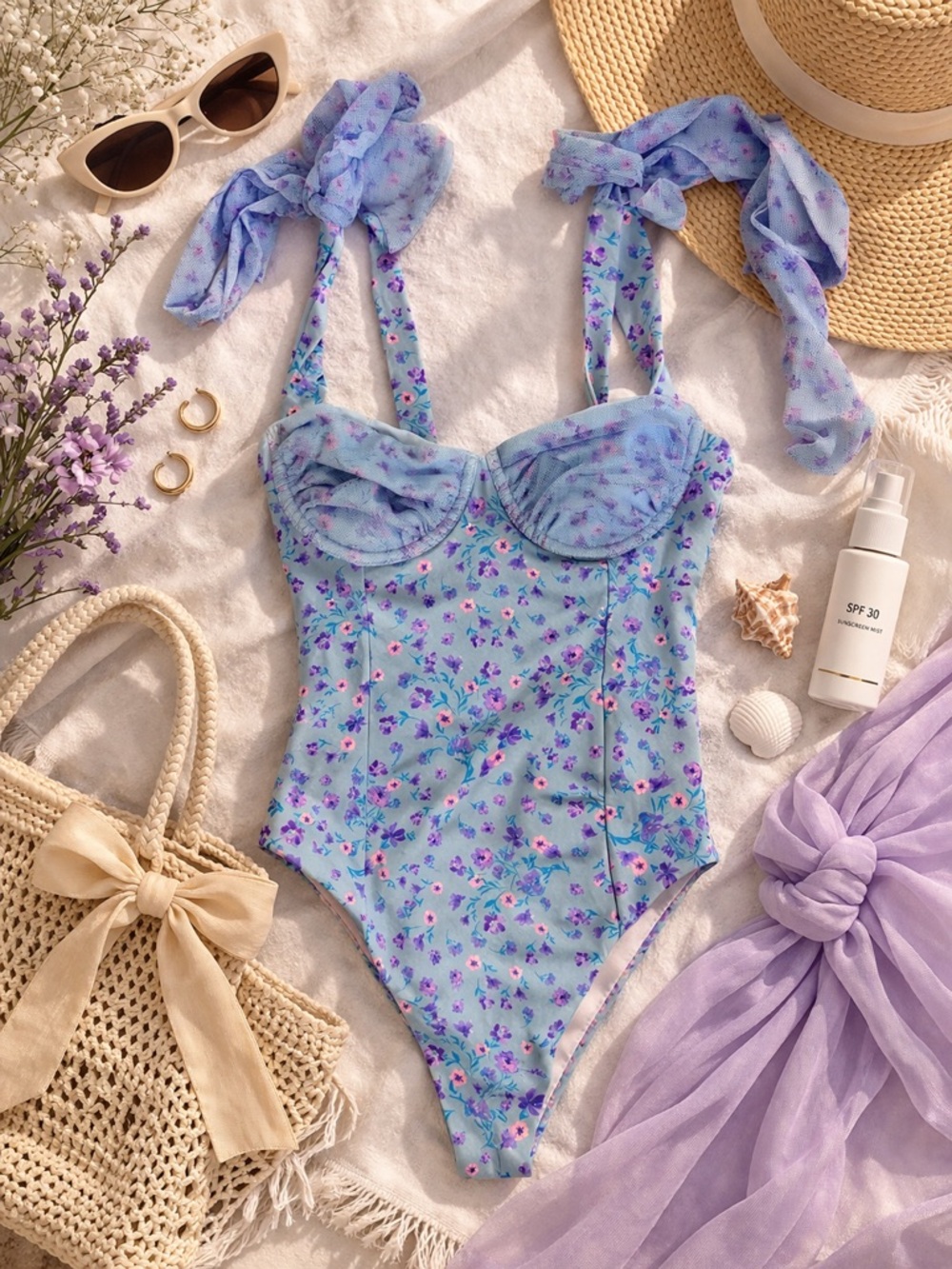 Beach Riot Floral Bow Strap Underwire One Piece Swimsuit Small NWOT